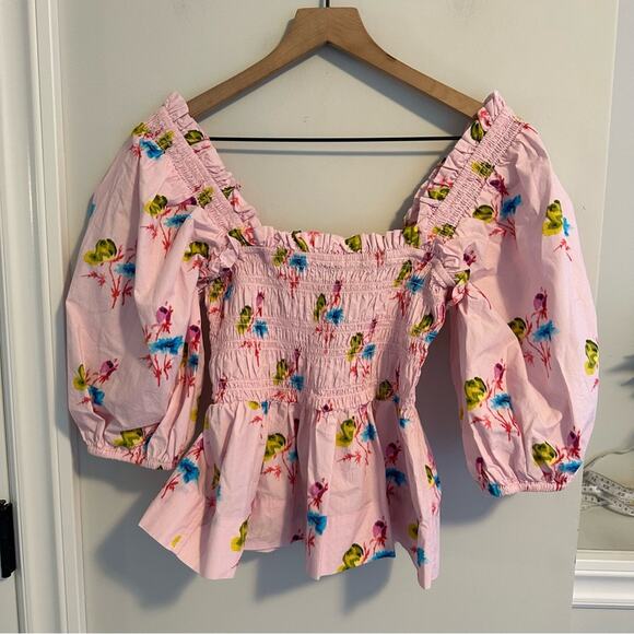 GANNI Pink Floral Cotton Smocked Square Neck Top Blouse Small - Picture 5 of 11